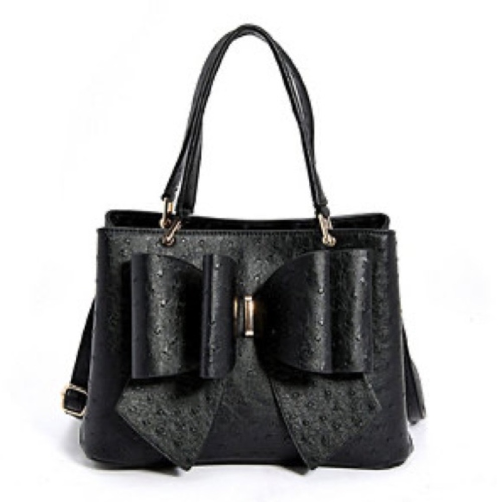 Crossi Black Faux Ostrich Print Leather Bow Detail Handbag